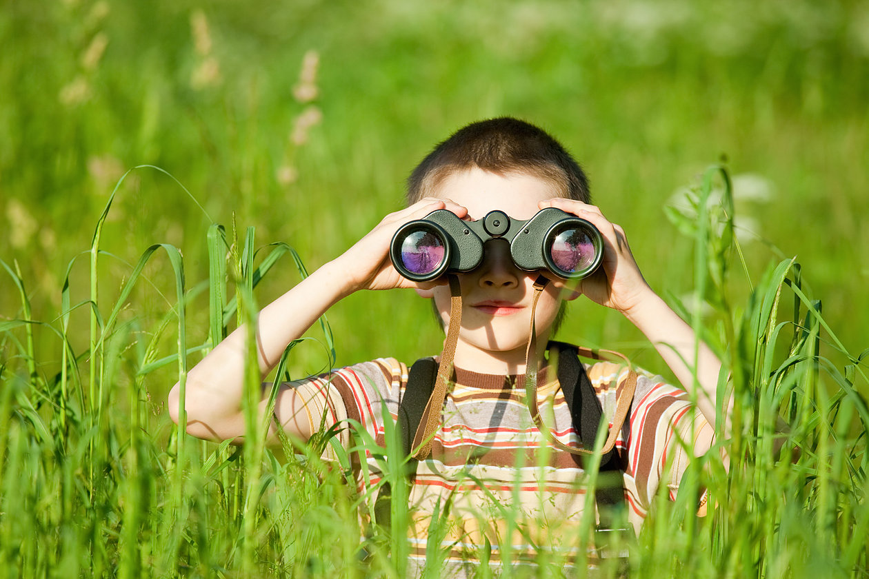 A little boy in a striped shirt hiding amongst tall grass and looking through binoculars.