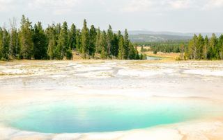 A beautiful image of Yellowstone, with clear blue water and trees all around.